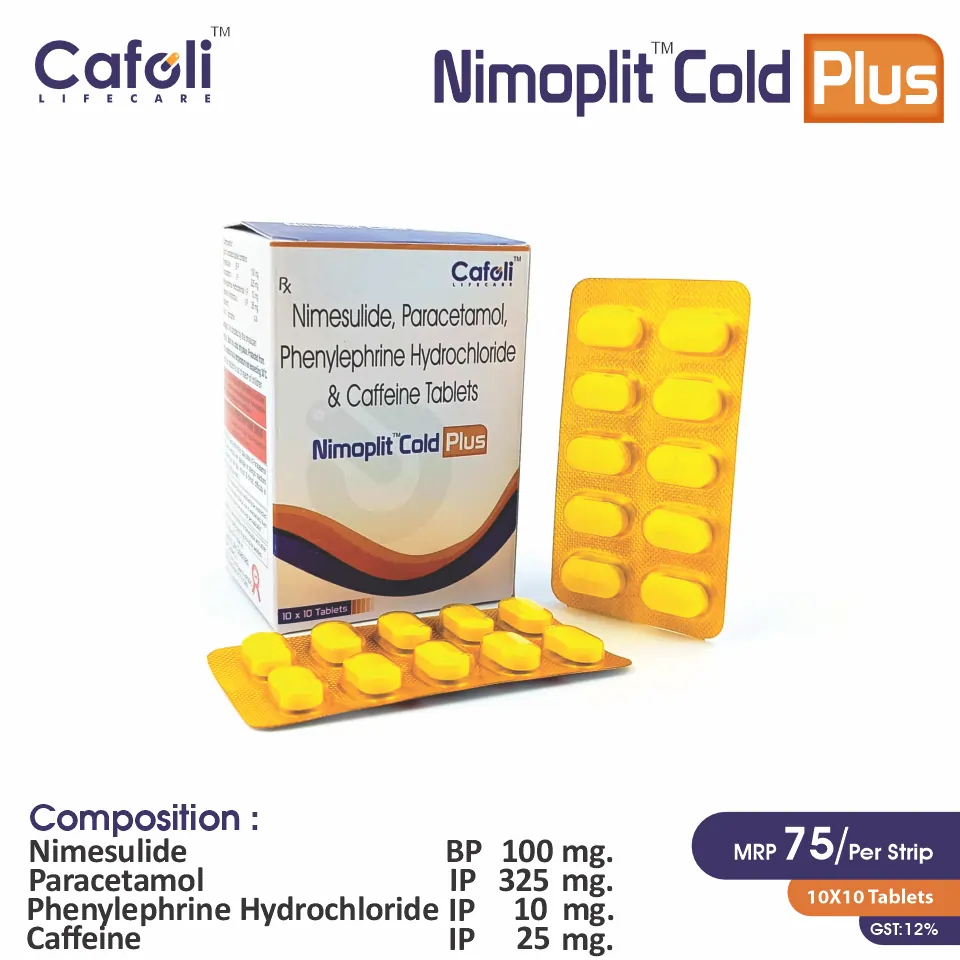 Nimesulide  + Paracetamol  + Phenylephrine  Tablet at the best price in PCD Pharma Franchise for Nonsteroidal Anti-Inflammatory, and Allergy Symptom Relief.